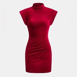 49 Velvet Mock Neck Ruched Sleeveless Dress